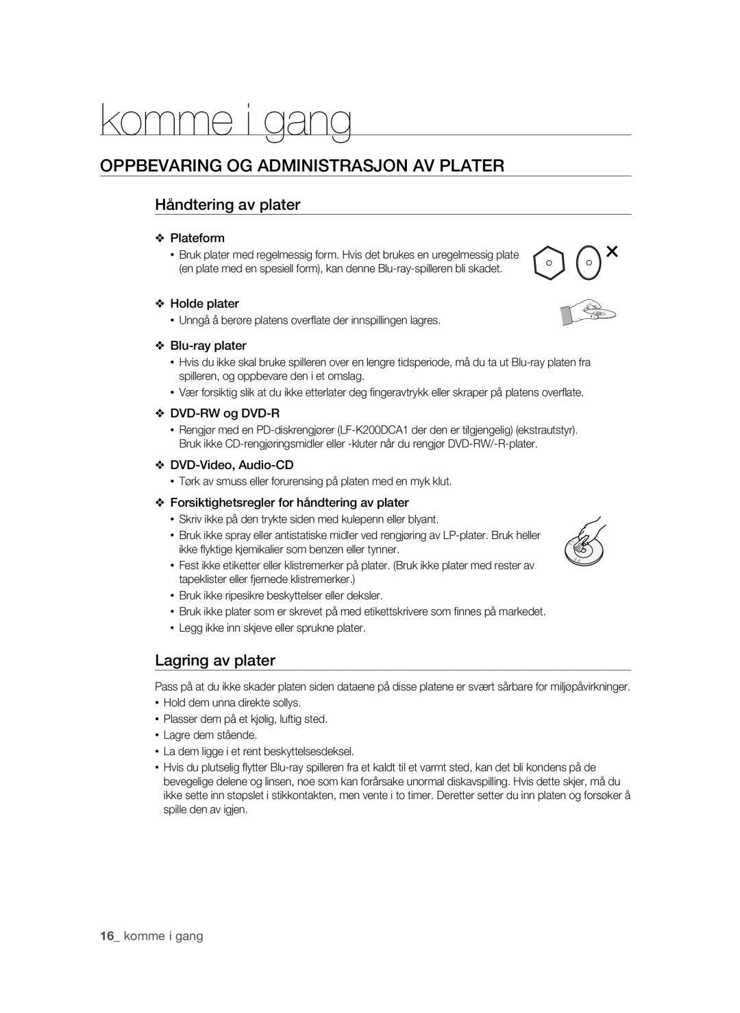 Samsung BD-P4600/XEE manual Oppbevaring OG Administrasjon AV Plater, Håndtering av plater, Lagring av plater 