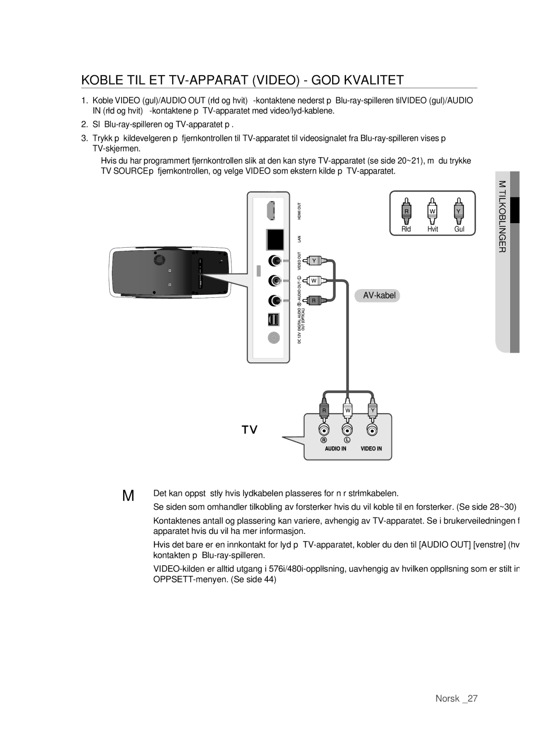 Samsung BD-P4600/XEE manual KoBLE TIL ET TV-APPARAT VIDEo GoD Kvalitet 