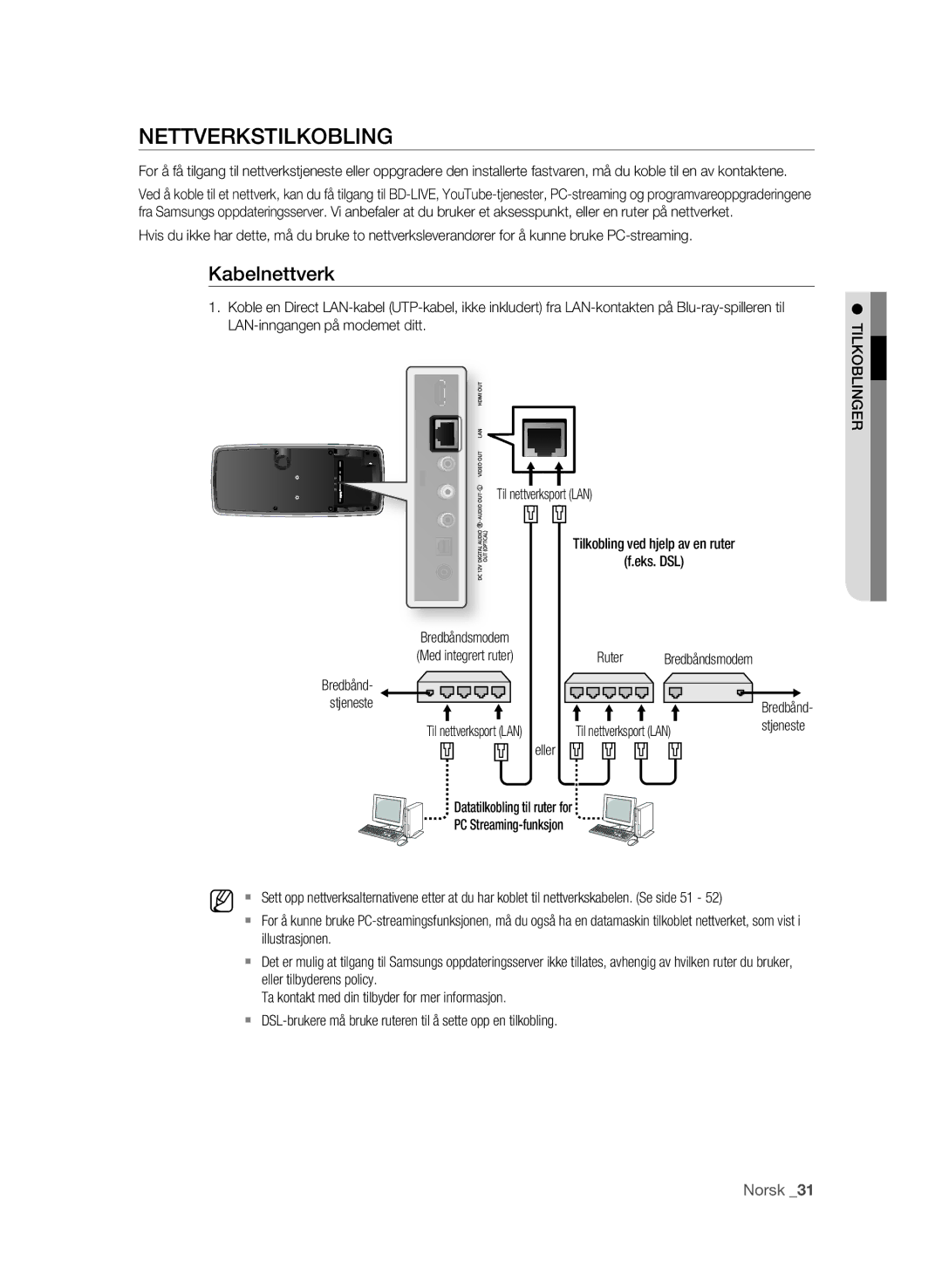 Samsung BD-P4600/XEE manual Nettverkstilkobling, Kabelnettverk, Eks. DSL, Stjeneste 