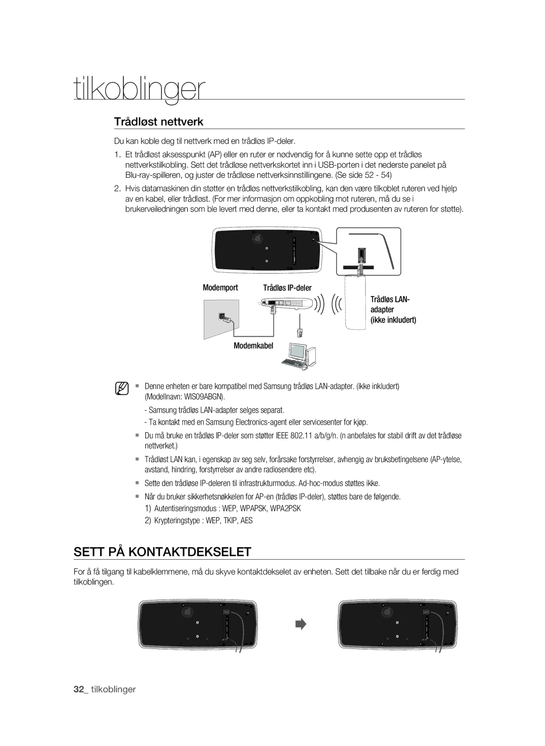 Samsung BD-P4600/XEE manual SETT PÅ KoNTAKTDEKsELET, Trådløst nettverk 