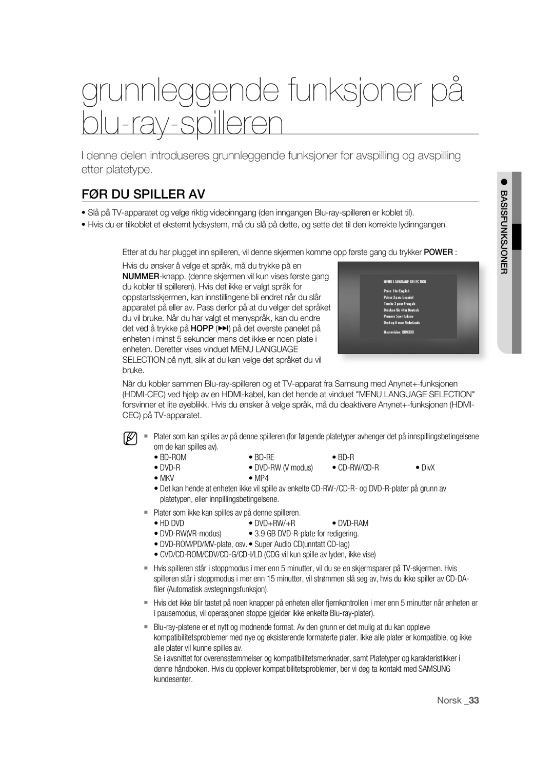 Samsung BD-P4600/XEE Grunnleggende funksjoner på blu-ray-spilleren, FØR DU sPILLER AV, Cd-Rw/Cd-R, Mkv, Hd Dvd Dvd+Rw/+R 