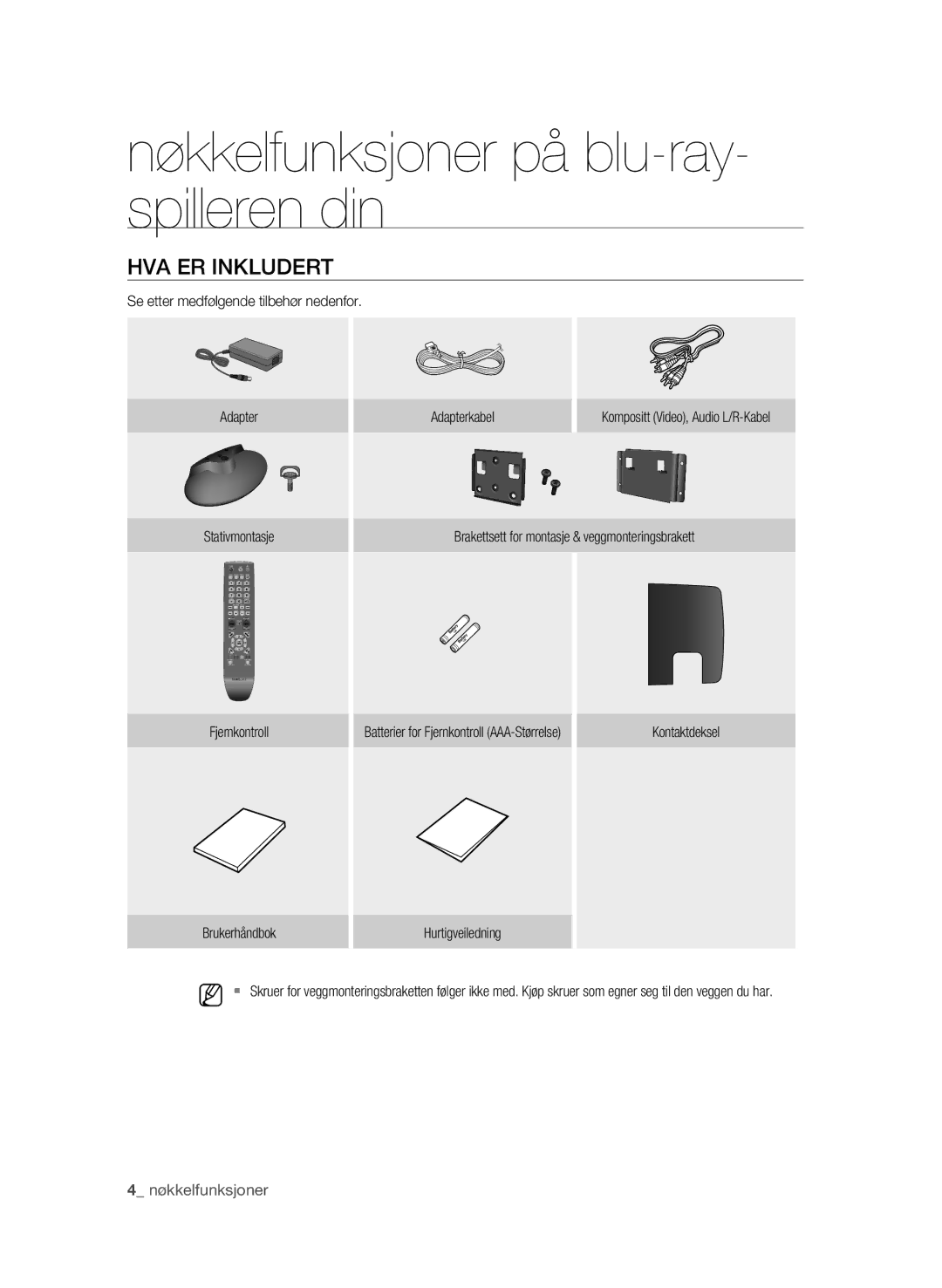 Samsung BD-P4600/XEE manual HVA ER Inkludert, Se etter medfølgende tilbehør nedenfor, Adapterkabel 