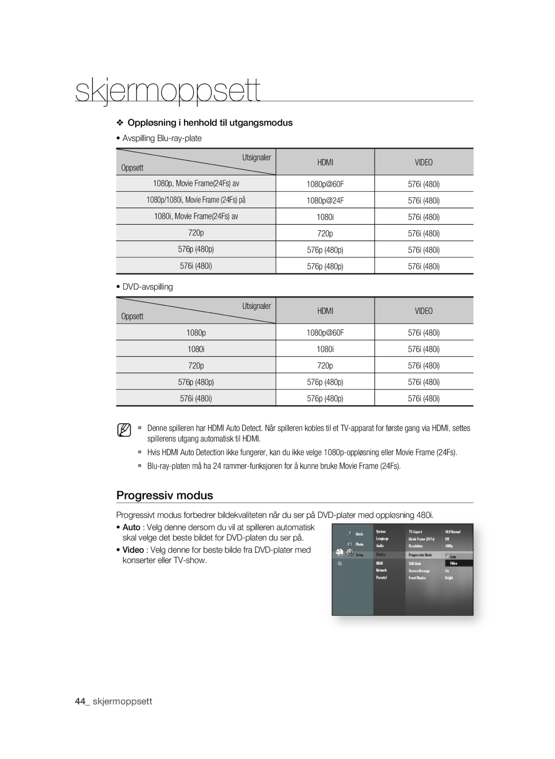 Samsung BD-P4600/XEE manual Progressiv modus, Hdmi Video 