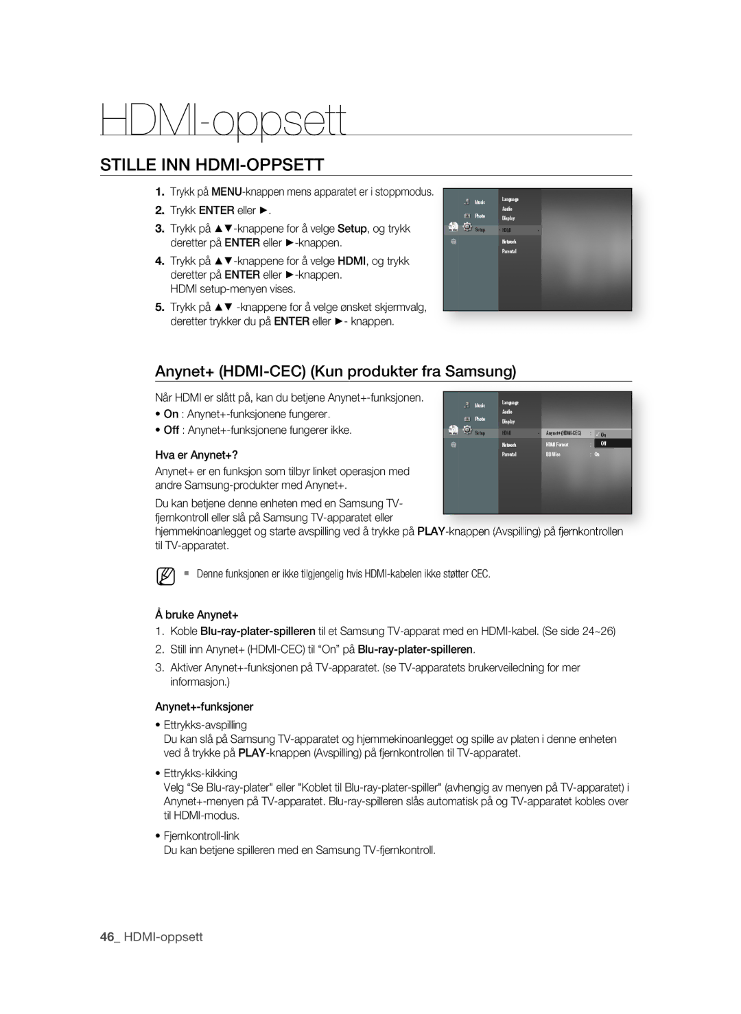 Samsung BD-P4600/XEE manual HDMI-oppsett, STILLE INN HDmI-oPPsETT, Anynet+ HDmI-CEC Kun produkter fra samsung 