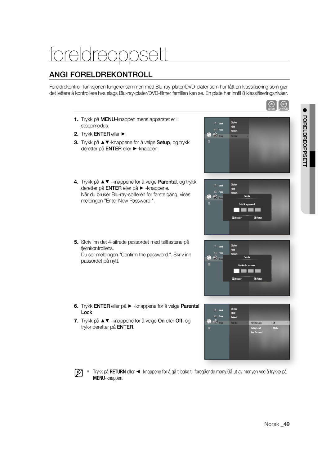 Samsung BD-P4600/XEE manual Foreldreoppsett, Angi foRELDREKoNTRoLL 