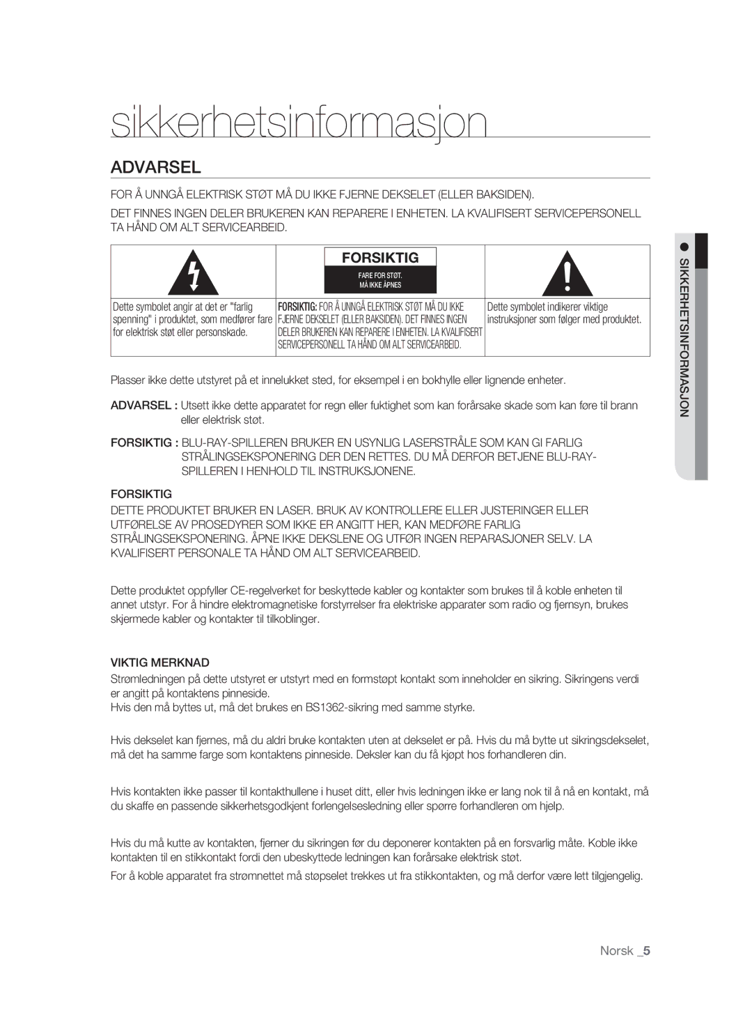 Samsung BD-P4600/XEE manual Sikkerhetsinformasjon, Forsiktig, Viktig Merknad, Asjomr foins sikkerhet 