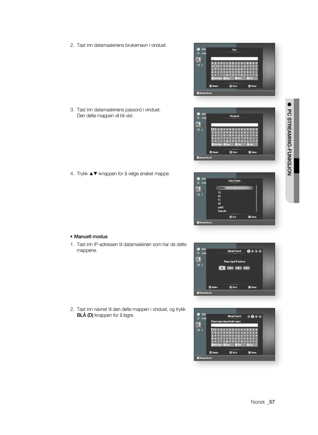 Samsung BD-P4600/XEE manual Tast inn datamaskinens brukernavn i vinduet, Admin$ 