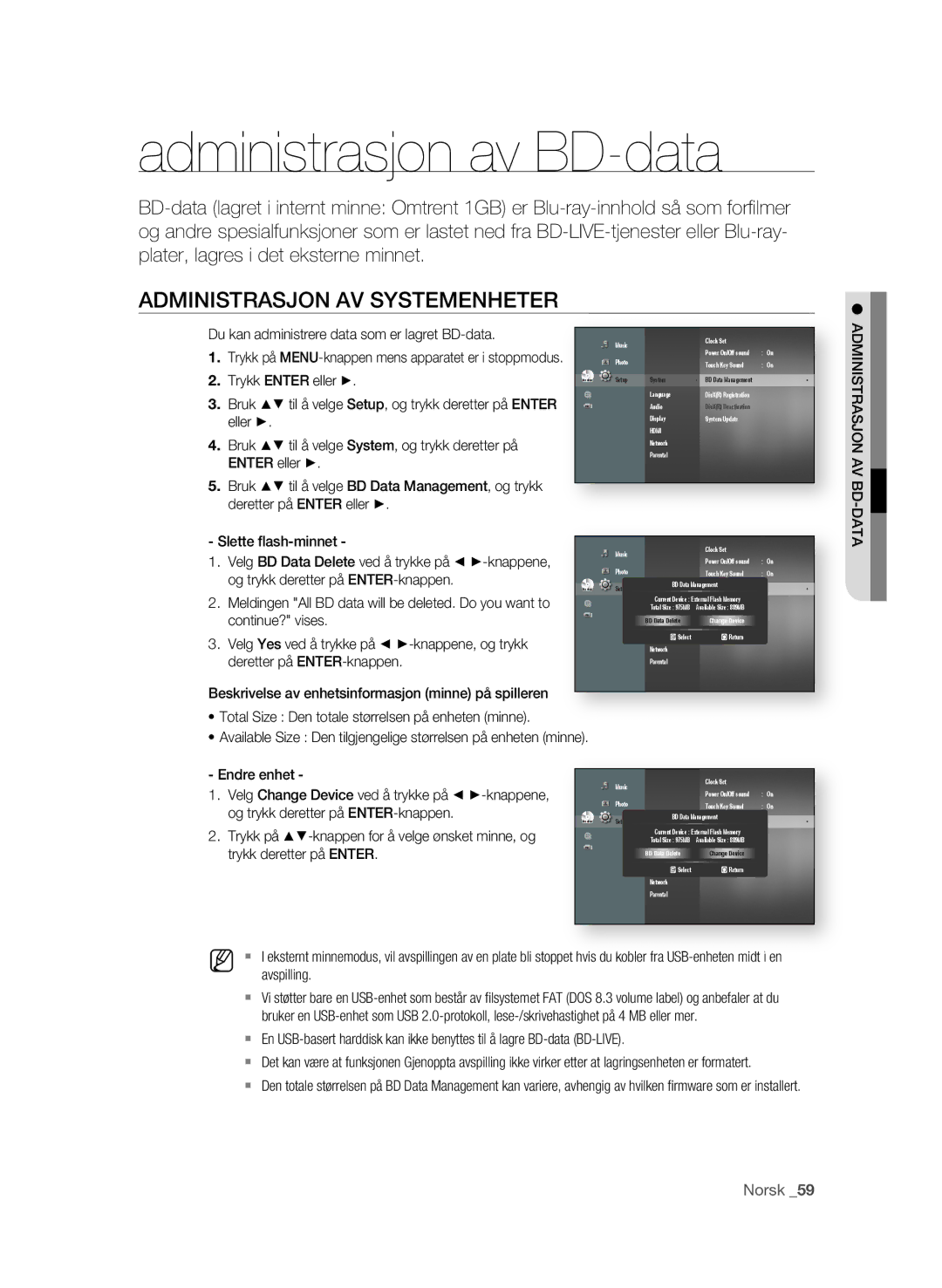 Samsung BD-P4600/XEE manual Administrasjon av BD-data, ADmINIsTRAsjoN AV sYsTEmENHETER 