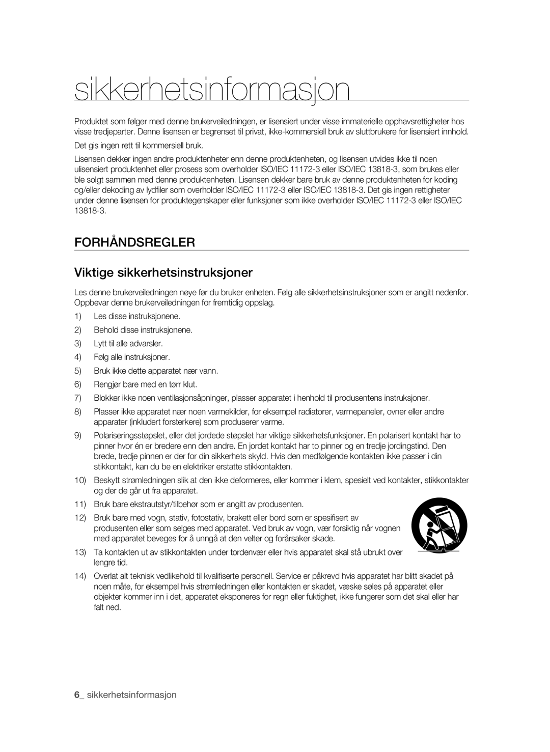 Samsung BD-P4600/XEE manual Forhåndsregler, Viktige sikkerhetsinstruksjoner 