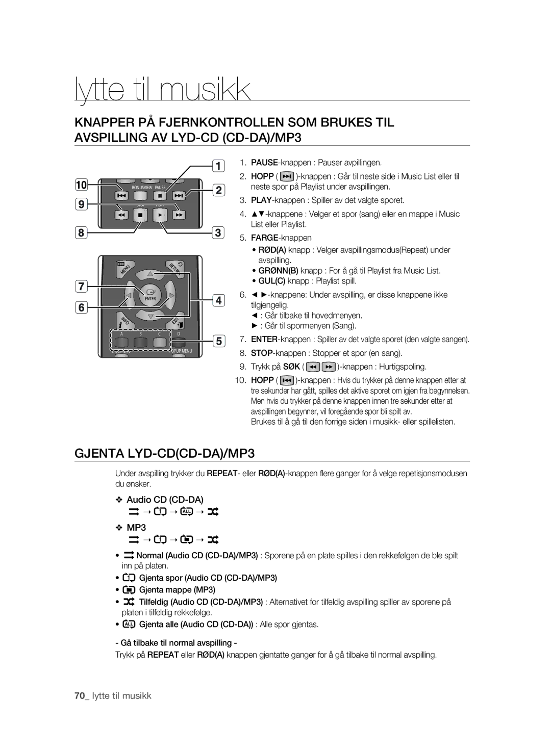 Samsung BD-P4600/XEE manual Lytte til musikk, Gjenta LYD-CDCD-DA/MP3 