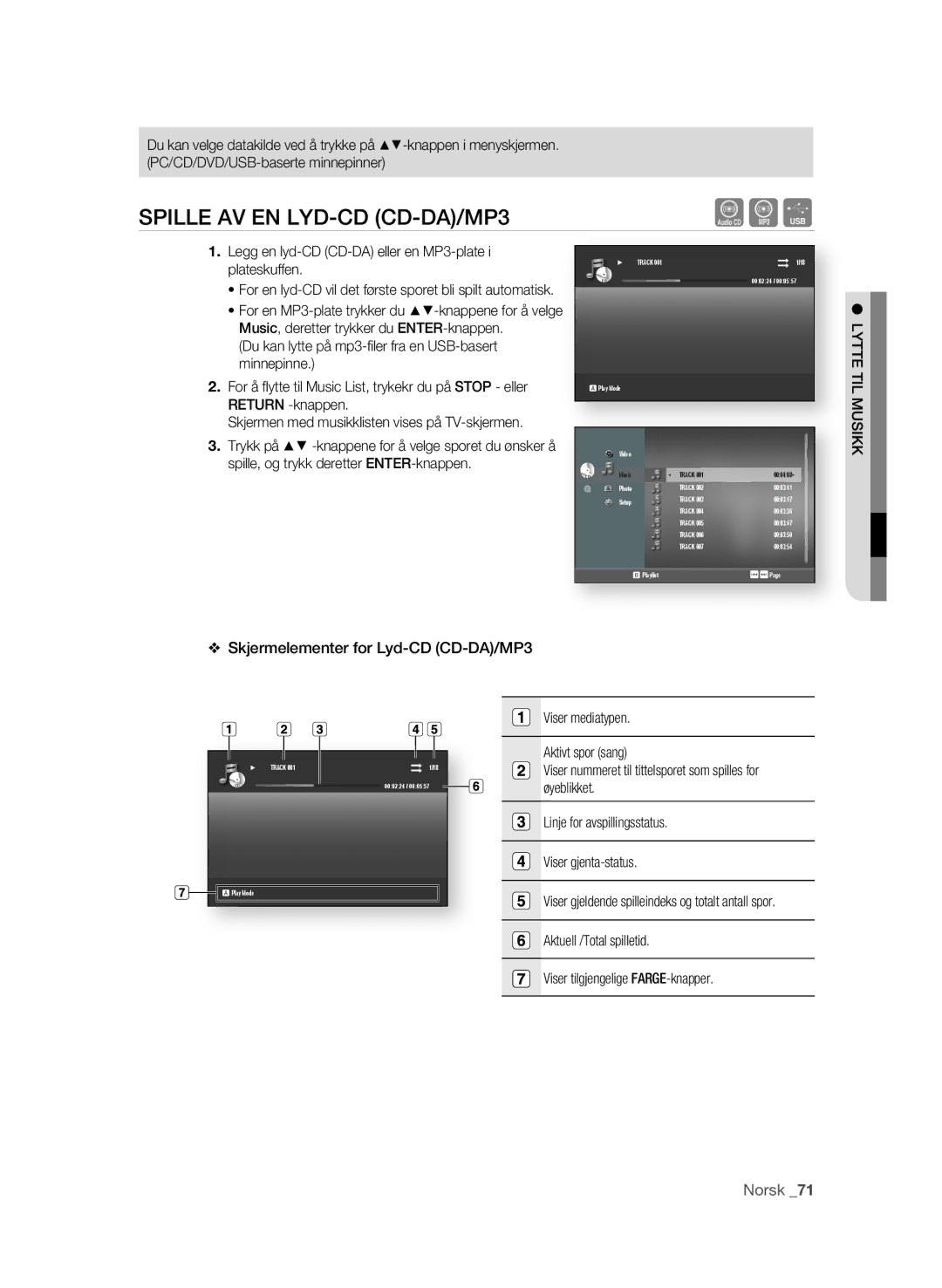 Samsung BD-P4600/XEE manual SPILLE AV EN LYD-CD CD-DA/mP3, Legg en lyd-CD CD-DA eller en MP3-plate i plateskuffen 