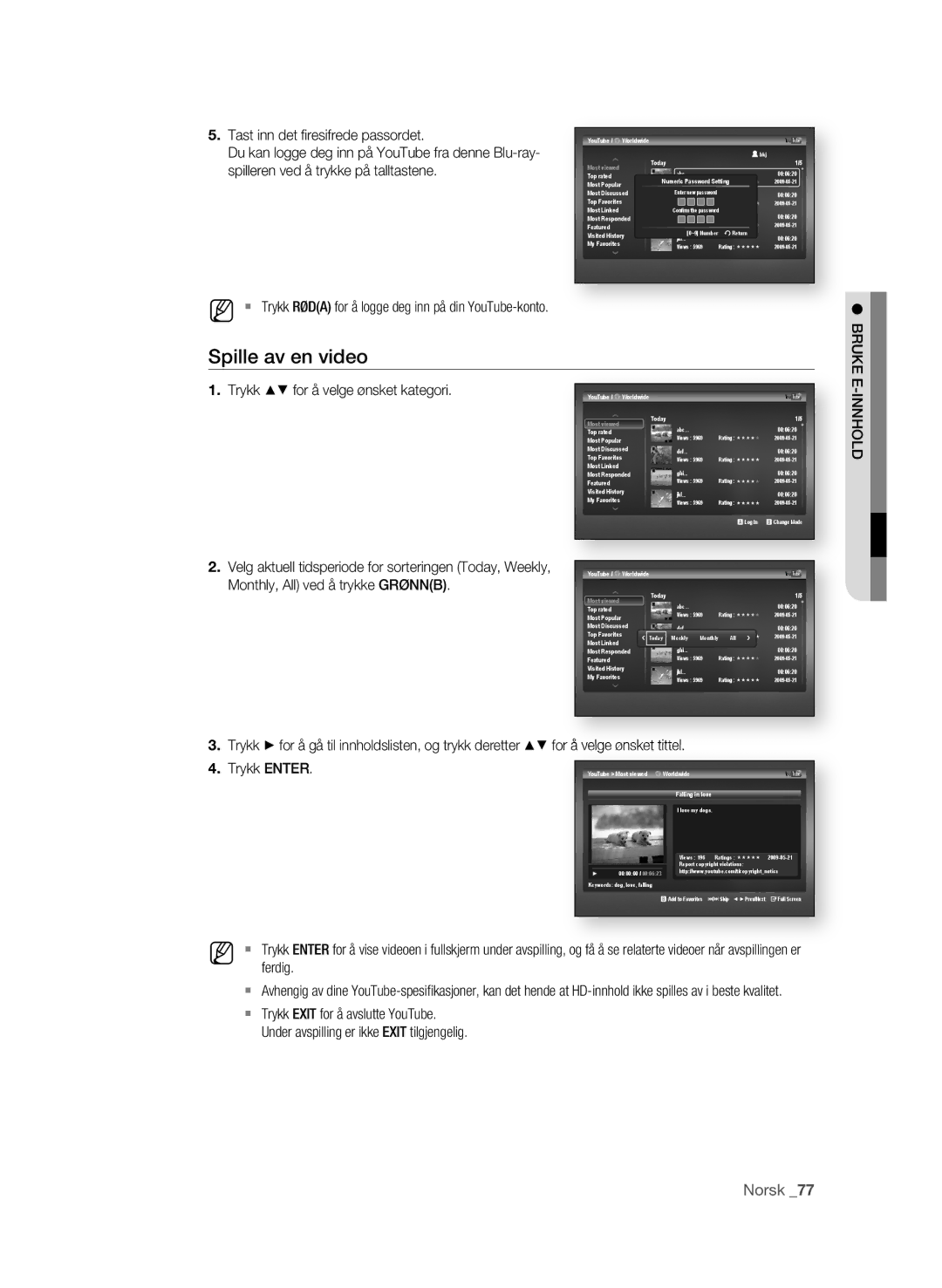 Samsung BD-P4600/XEE manual Spille av en video, Bruke, INNHoLD, Tittel Trykk Enter, Ferdig 