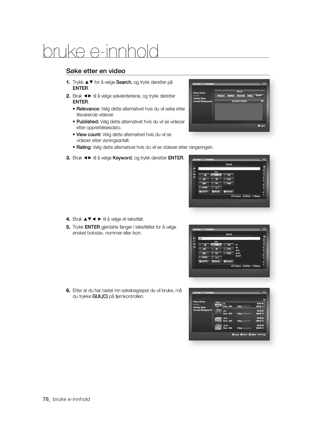 Samsung BD-P4600/XEE manual Søke etter en video, Trykk $% for å velge search, og trykk deretter på 