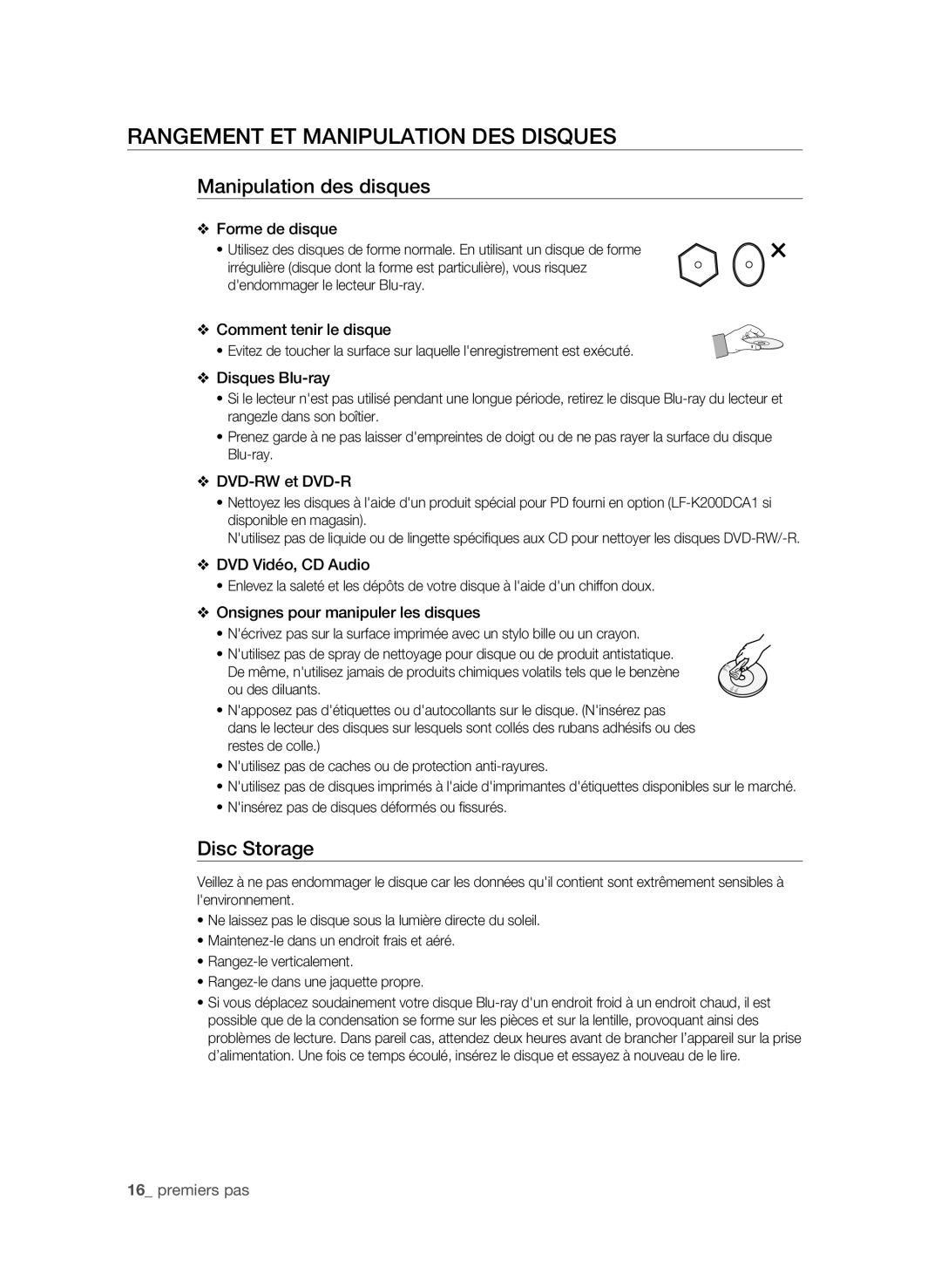 Samsung BD-P4600/XEF manual Rangement et manipulation des disques, Manipulation des disques, Disc Storage 