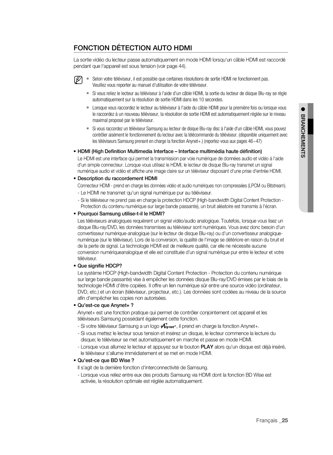 Samsung BD-P4600/XEF manual Description du raccordement Hdmi, Le Hdmi ne transmet quun signal numérique pur au téléviseur 