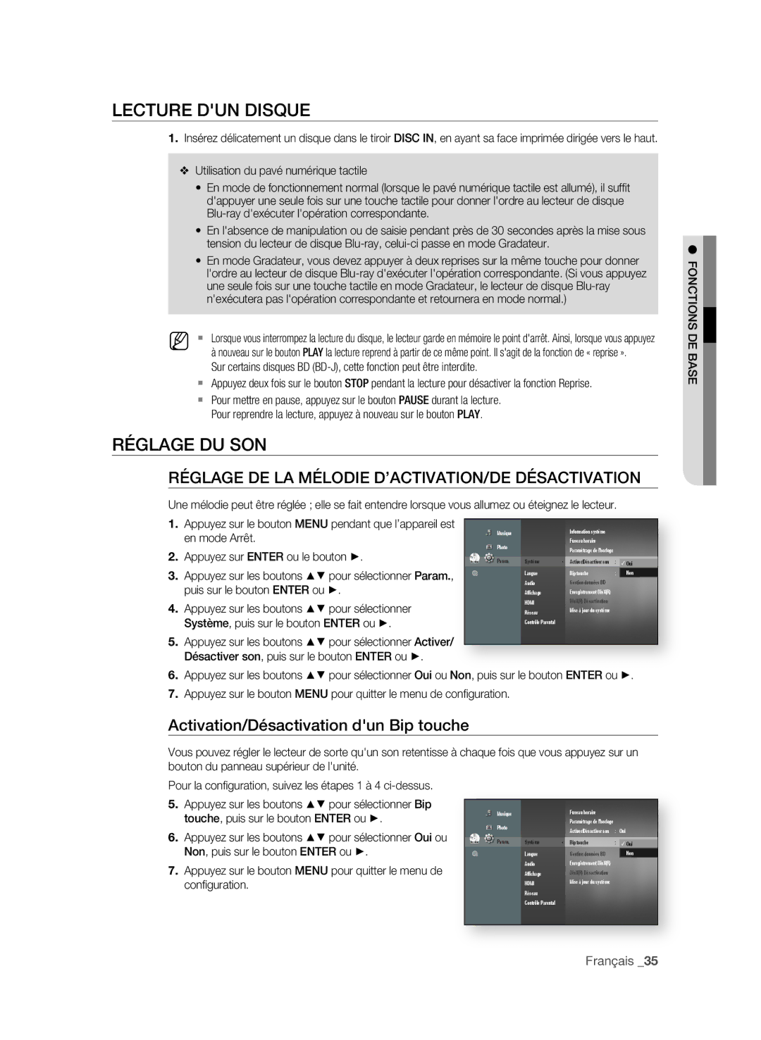 Samsung BD-P4600/XEF manual LEcturE Dun DisQuE, RéglagE Du son, RéglagE DE la méloDiE D’activation/DE Désactivation 