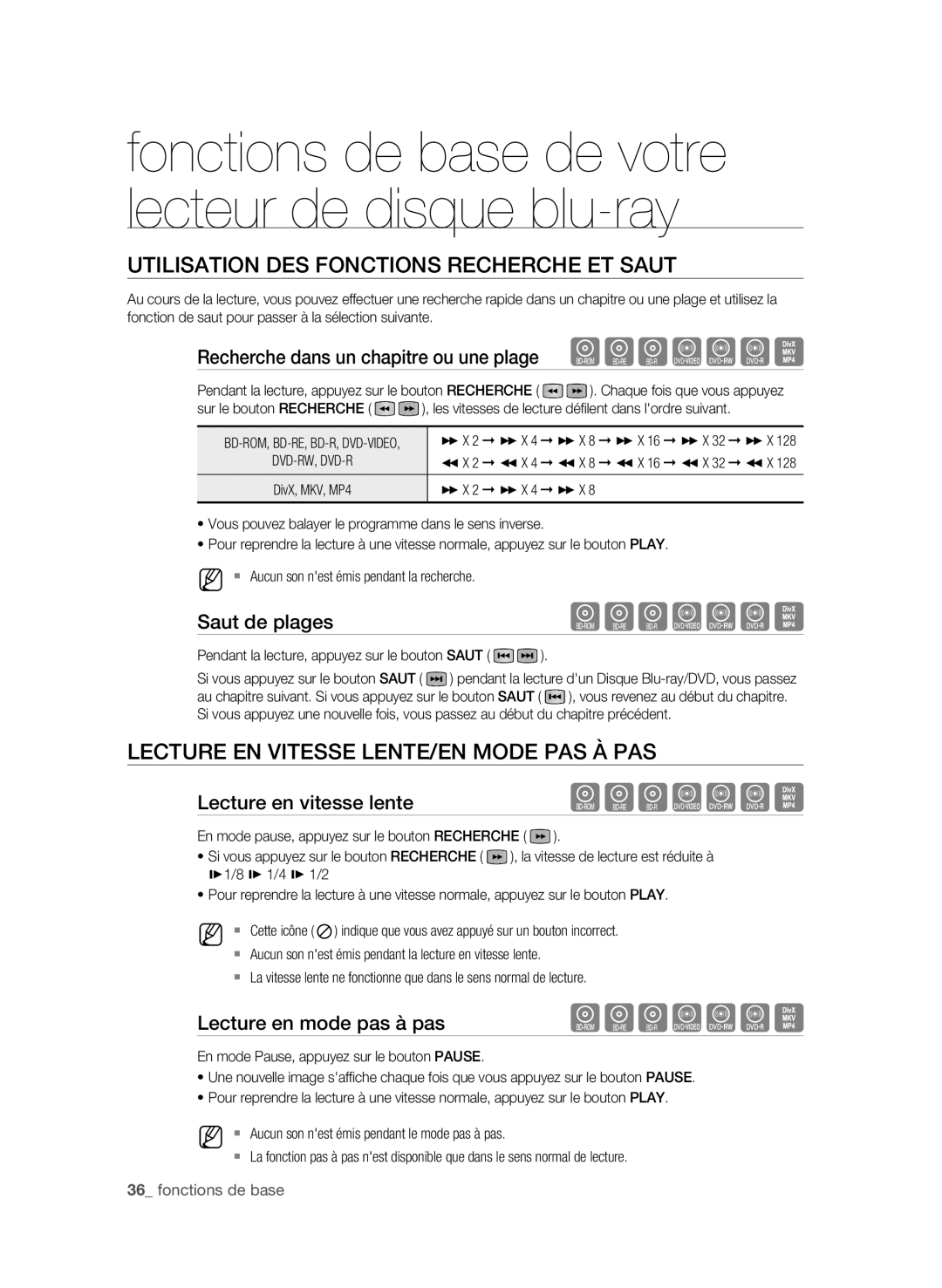 Samsung BD-P4600/XEF manual Utilisation DES Fonctions Recherche ET Saut, Lecture EN Vitesse LENTE/EN Mode PAS À PAS 