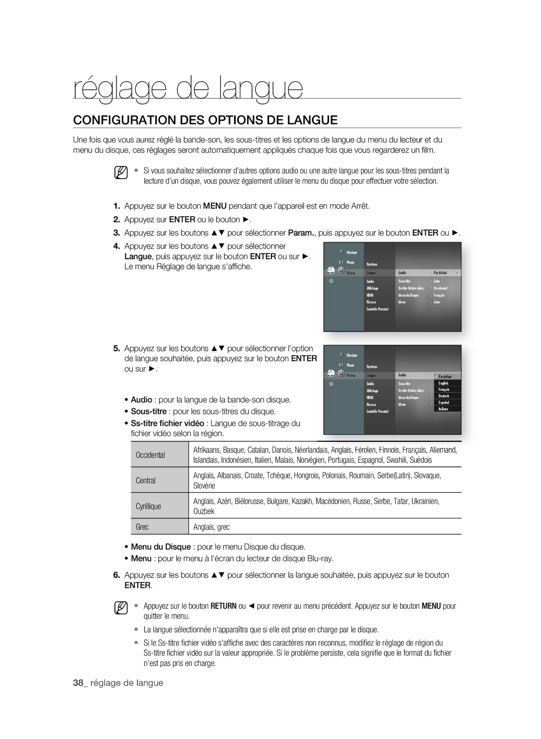 Samsung BD-P4600/XEF manual Configuration DEs oPtions DE languE, Le menu Réglage de langue saffi che 