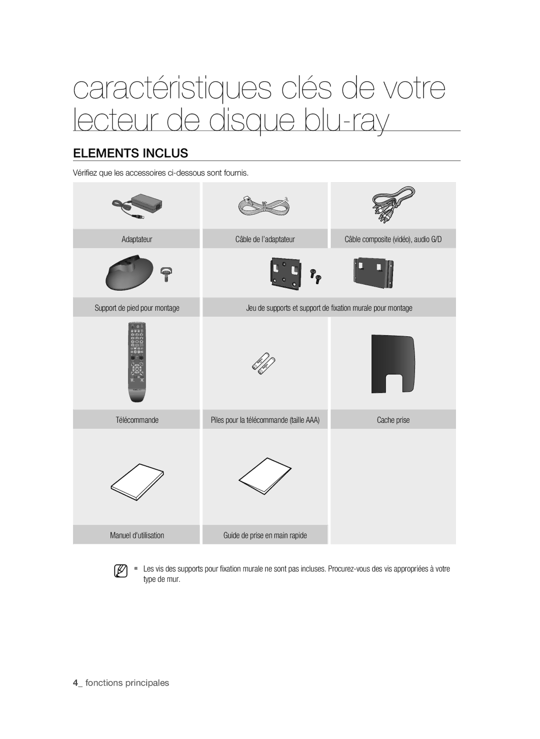 Samsung BD-P4600/XEF manual Elements inclus, Jeu de supports et support de fixation murale pour montage, Type de mur 