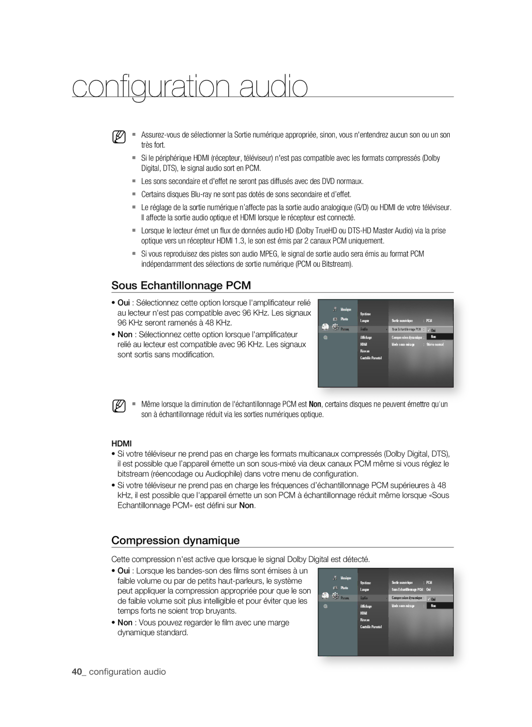 Samsung BD-P4600/XEF manual Sous Echantillonnage Pcm, Compression dynamique, KHz seront ramenés à 48 KHz 