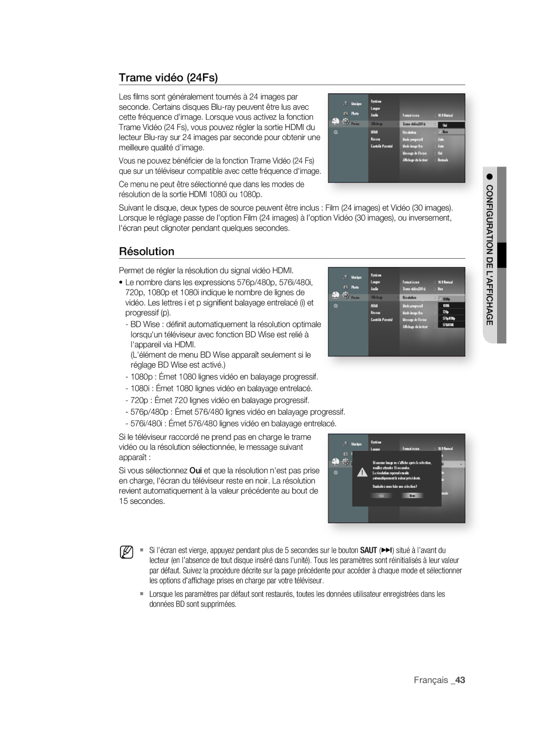 Samsung BD-P4600/XEF manual Trame vidéo 24fs, Meilleure qualité dimage, Permet de régler la résolution du signal vidéo Hdmi 