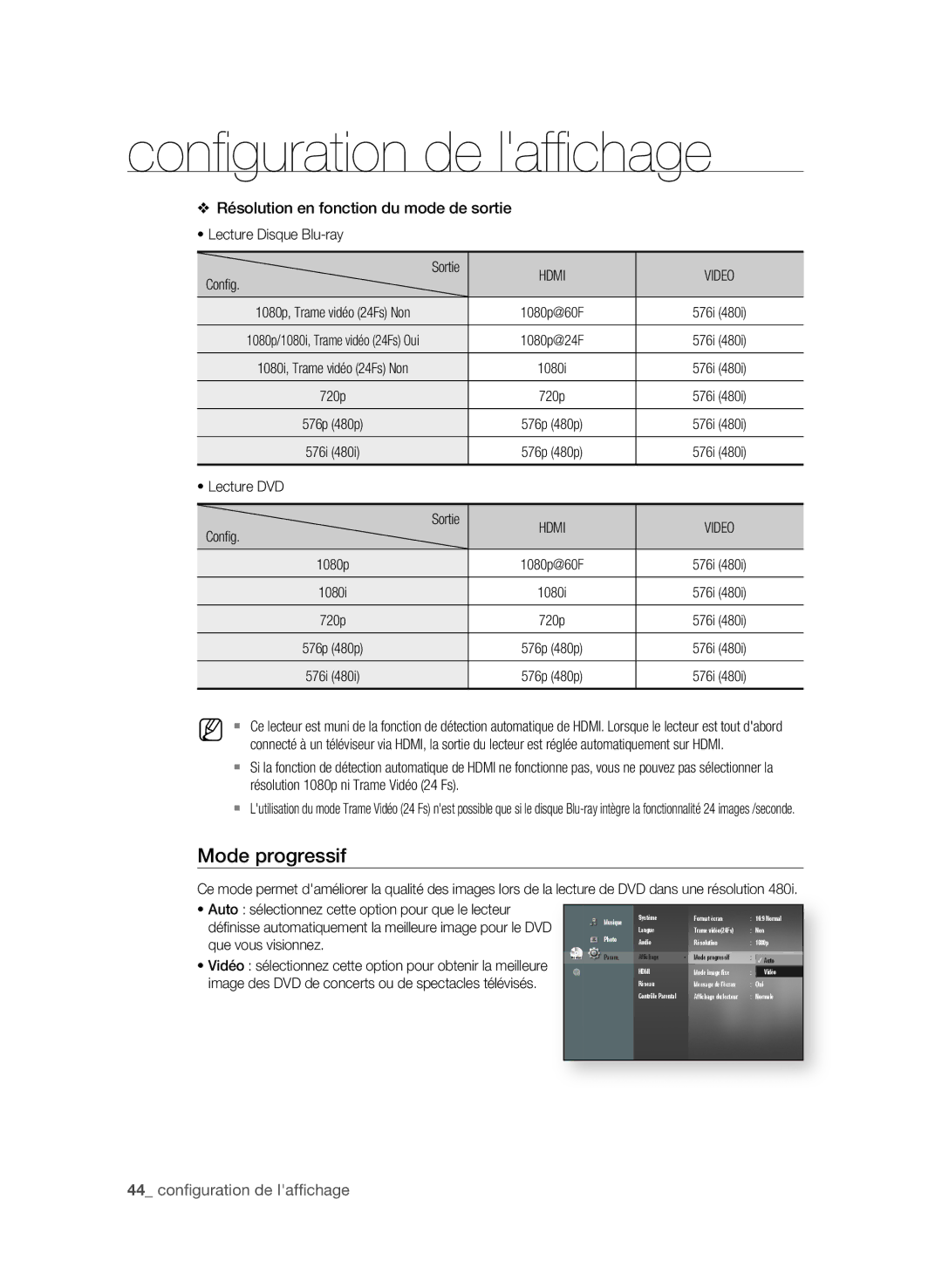 Samsung BD-P4600/XEF manual Mode progressif, Résolution en fonction du mode de sortie, Hdmi Video, Que vous visionnez 