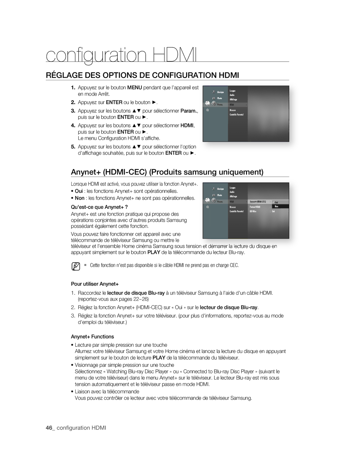 Samsung BD-P4600/XEF manual Conﬁ guration Hdmi, RéglagE DEs oPtions DE configuration hDmi 