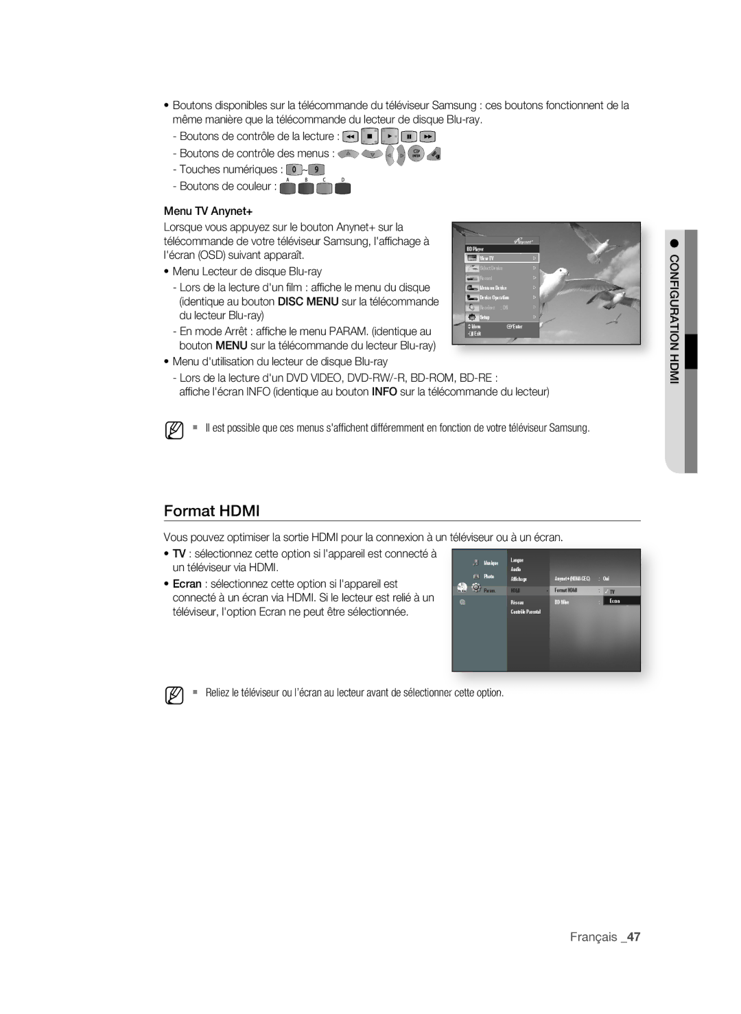 Samsung BD-P4600/XEF manual Format hDmi, Un téléviseur via Hdmi, Ecran sélectionnez cette option si lappareil est 