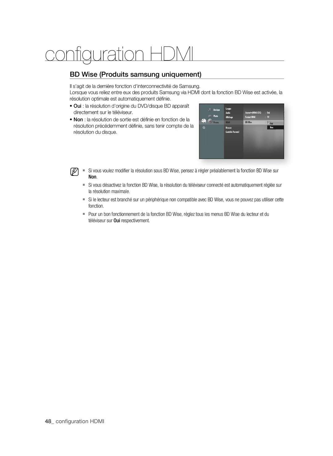 Samsung BD-P4600/XEF manual BD Wise Produits samsung uniquement, Directement sur le téléviseur, Résolution du disque, Non 