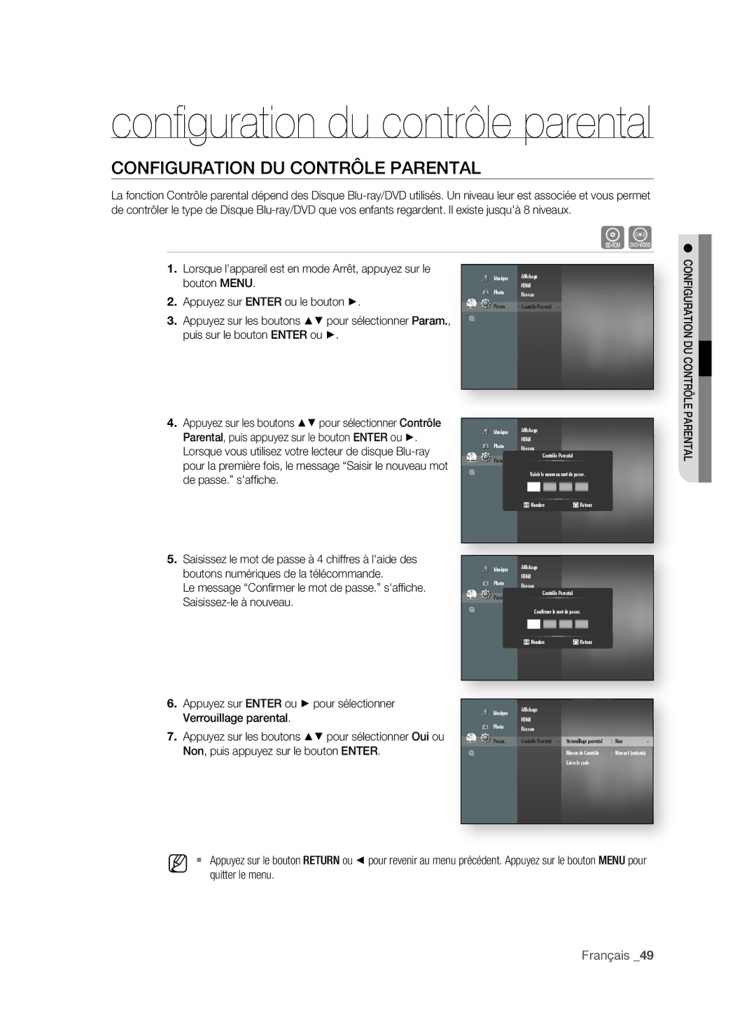 Samsung BD-P4600/XEF manual Conﬁ guration du contrôle parental, Configuration Du contrÔlE ParEntal 