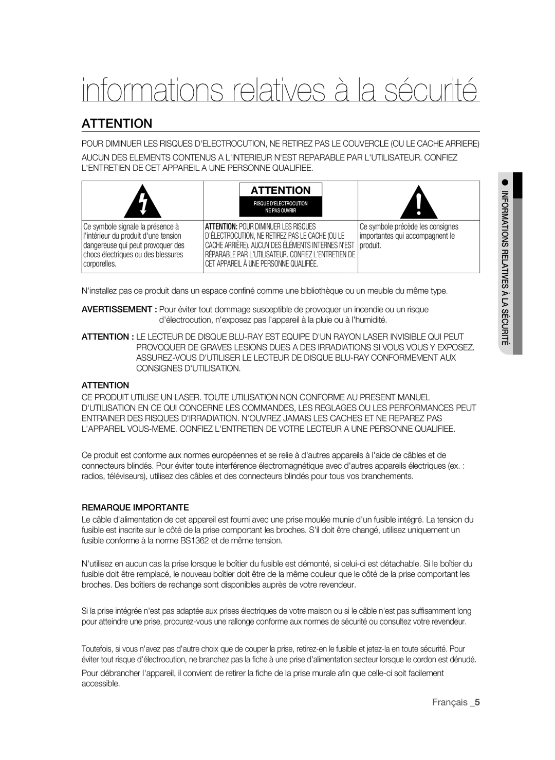 Samsung BD-P4600/XEF manual Produit, Corporelles, Remarque Importante 