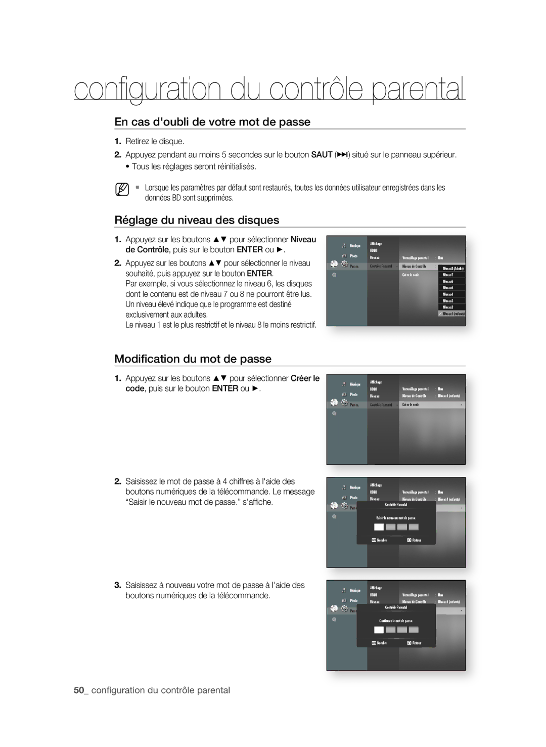 Samsung BD-P4600/XEF manual En cas doubli de votre mot de passe, Modification du mot de passe 