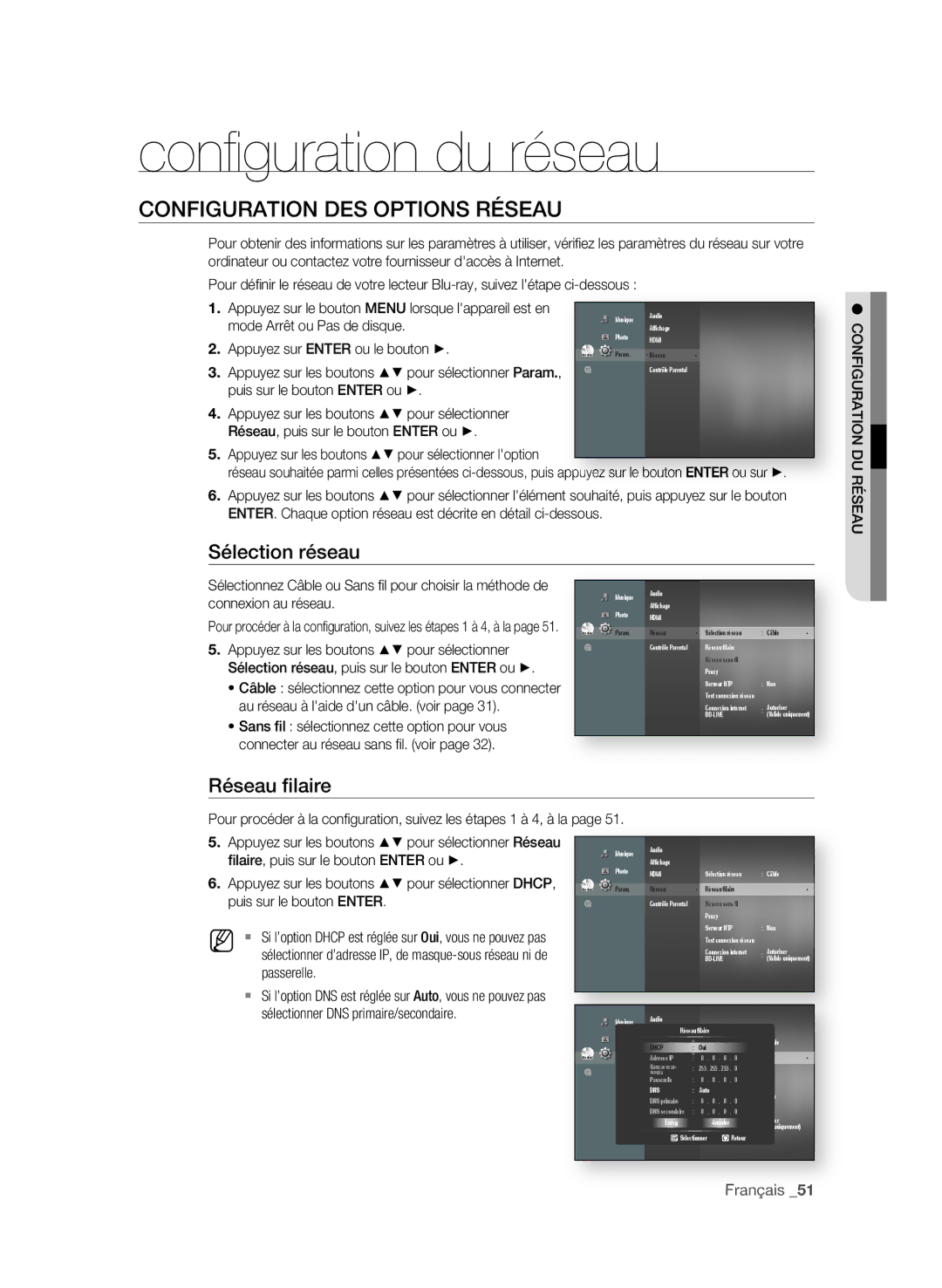 Samsung BD-P4600/XEF manual Conﬁ guration du réseau, Configuration DEs oPtions résEau, Sélection réseau 