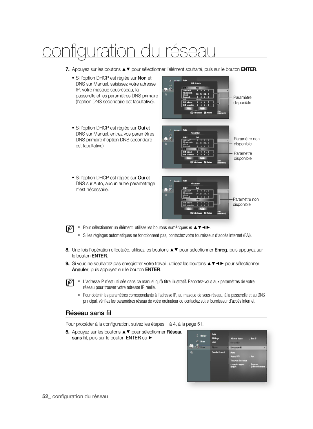 Samsung BD-P4600/XEF manual IP, votre masque sousréseau, la, Si loption Dhcp est réglée sur oui et 