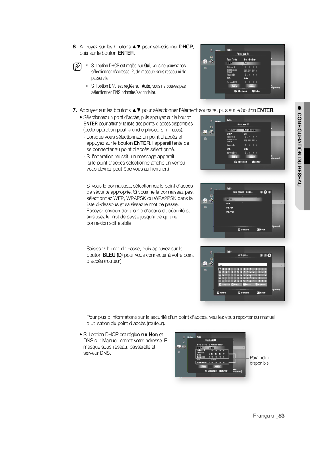 Samsung BD-P4600/XEF manual Puis sur le bouton EntEr, Passerelle, Si lopération réussit, un message apparaît 