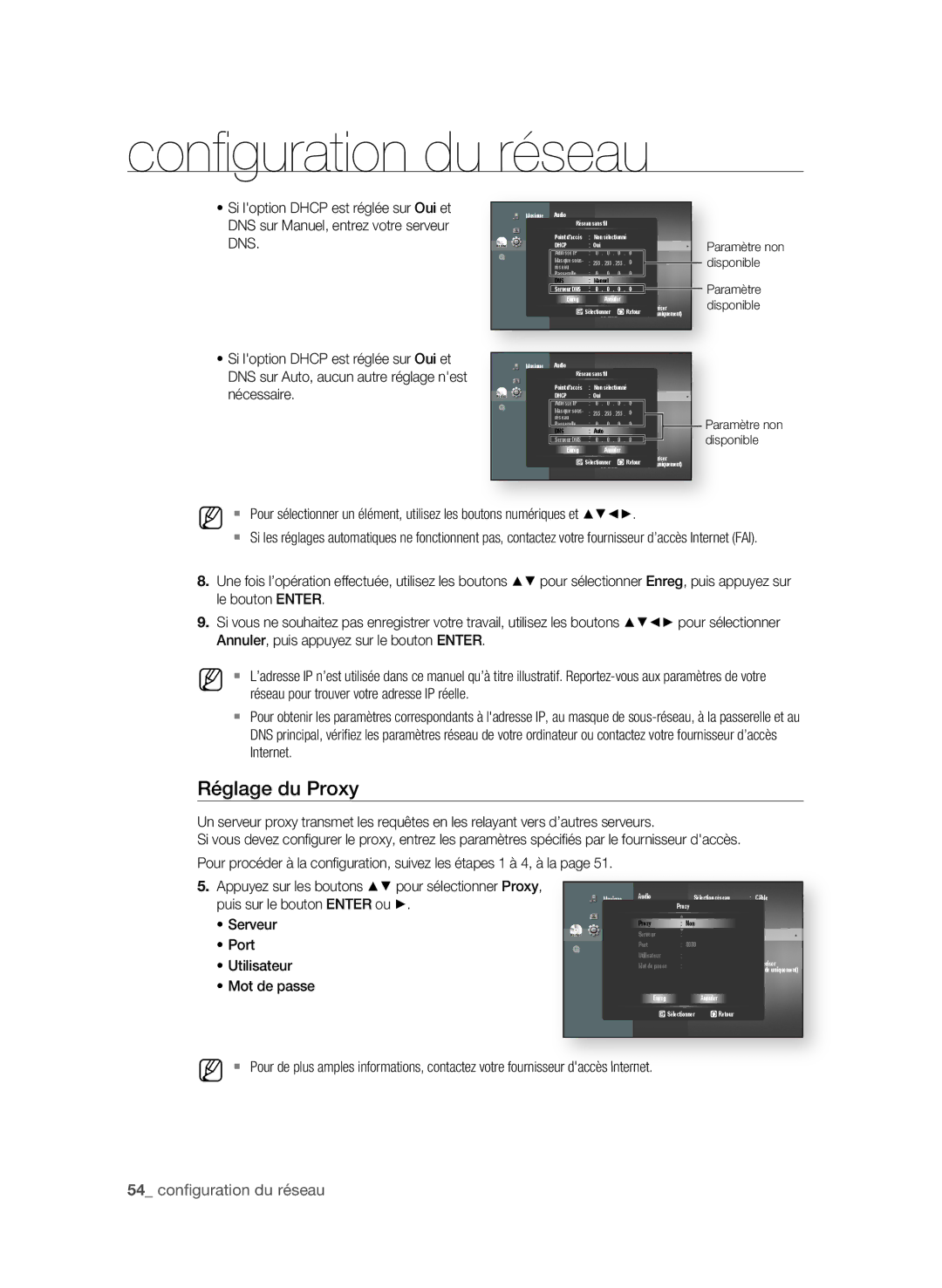 Samsung BD-P4600/XEF manual Réglage du Proxy, Serveur Port, Utilisateur Mot de passe 