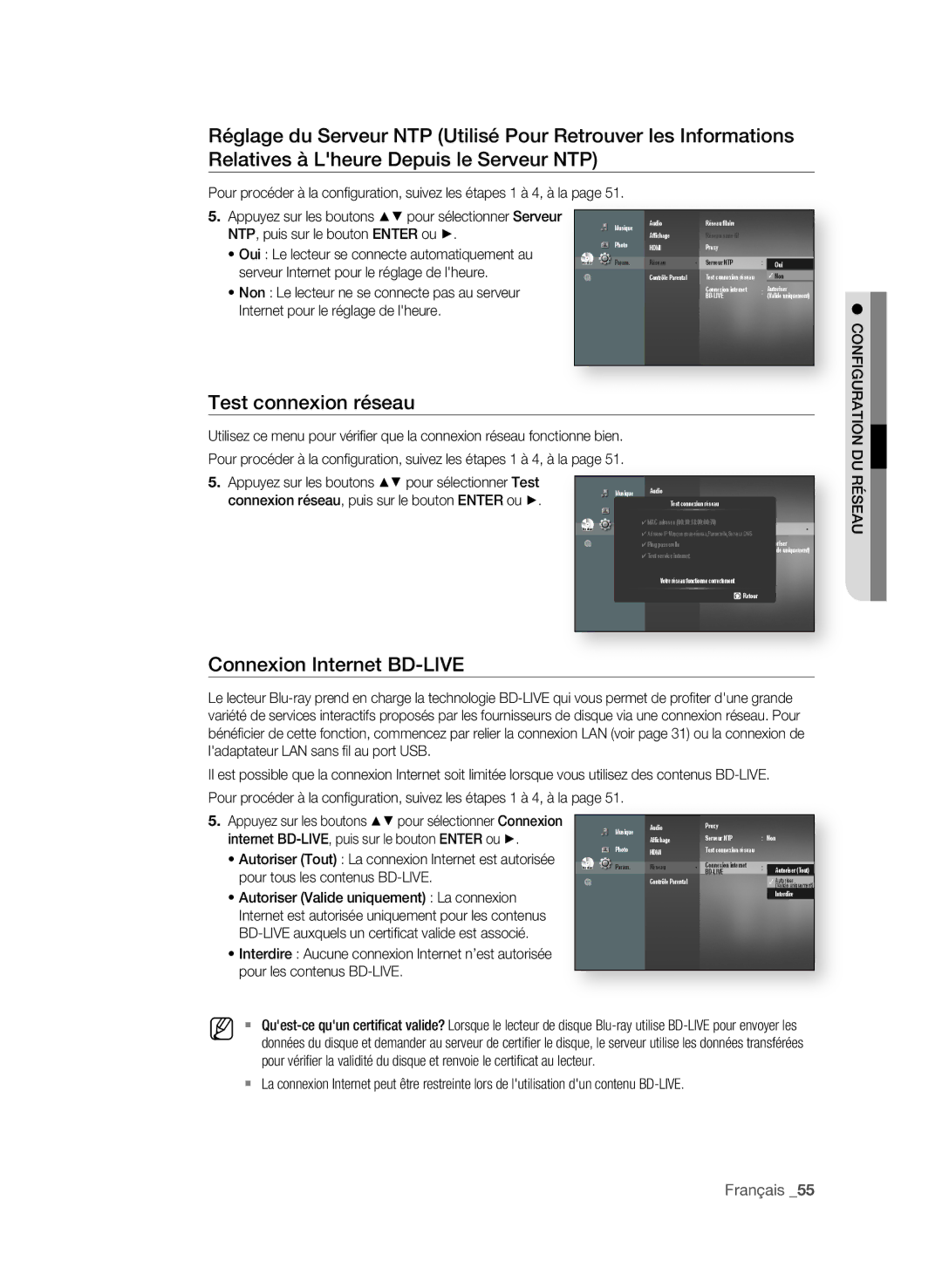 Samsung BD-P4600/XEF manual Test connexion réseau, Connexion internet BD-livE, NtP, puis sur le bouton EntEr ou + 