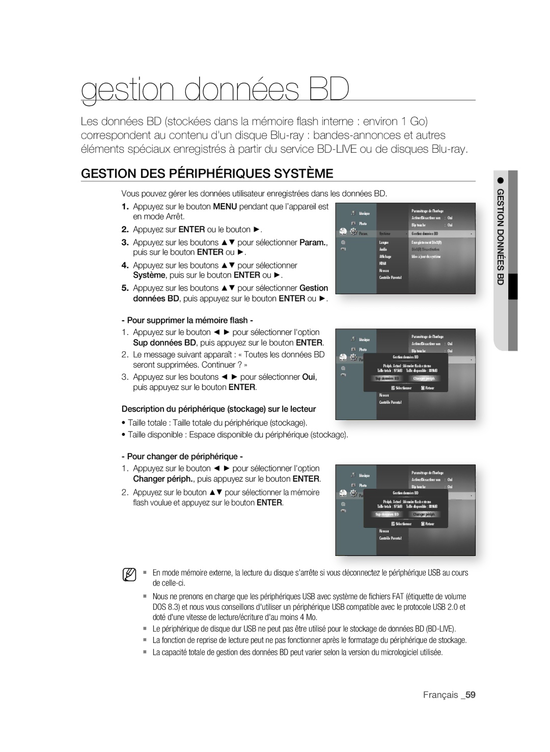 Samsung BD-P4600/XEF manual Gestion données BD, GEstion DEs PériPhériQuEs sYstÈmE 