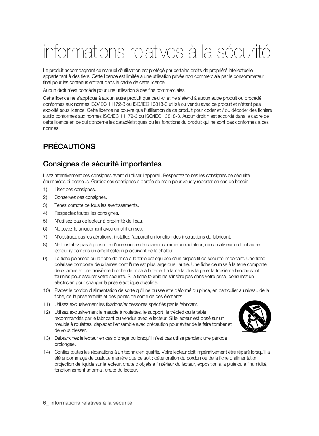 Samsung BD-P4600/XEF manual Informations relatives à la sécurité, Précautions Consignes de sécurité importantes 