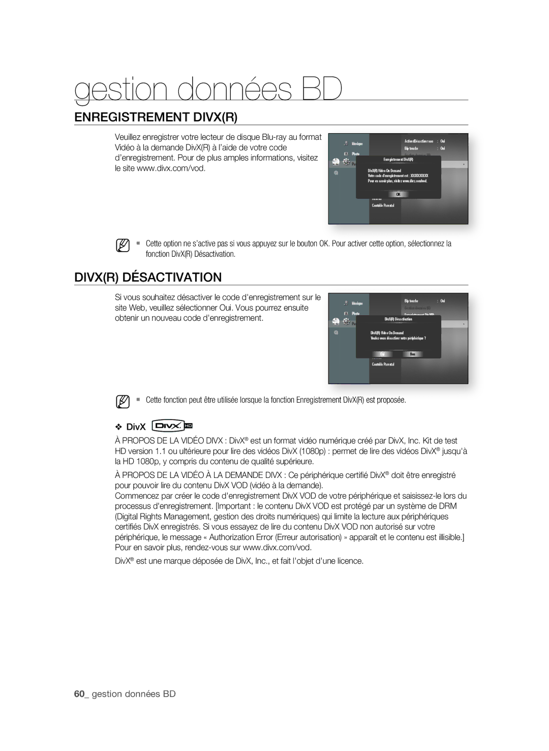 Samsung BD-P4600/XEF manual EnrEgistrEmEnt DivXr, DivXr Désactivation 