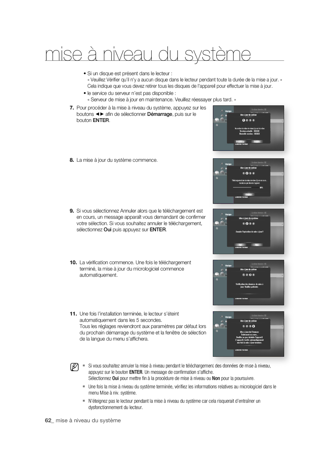 Samsung BD-P4600/XEF manual Si un disque est présent dans le lecteur, Mise à jour du système 