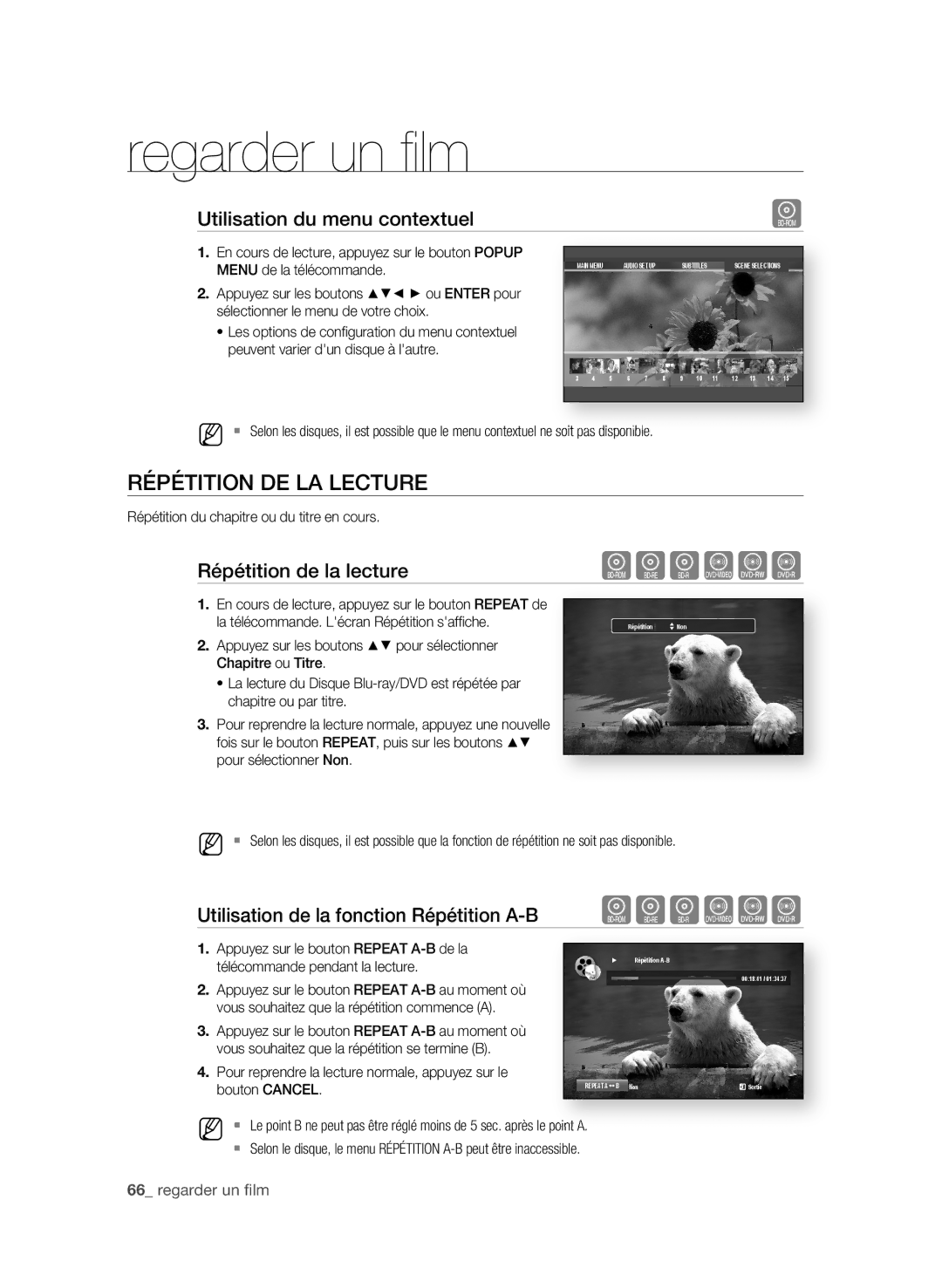 Samsung BD-P4600/XEF manual RéPétition DE la lEcturE, Utilisation du menu contextuel, Répétition de la lecture 