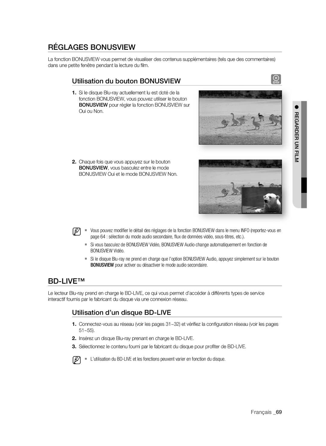 Samsung BD-P4600/XEF manual RéglagEs BonusviEW, Utilisation du bouton BonusviEW, Utilisation d’un disque BD-livE 