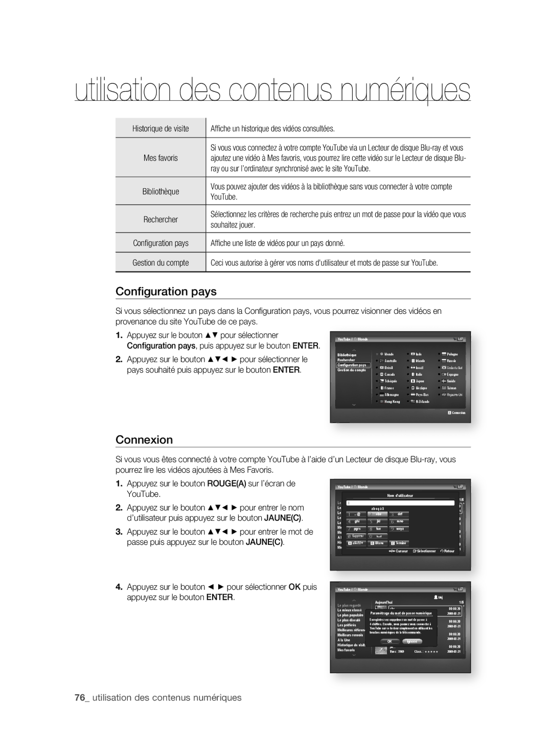 Samsung BD-P4600/XEF manual Configuration pays, Connexion 