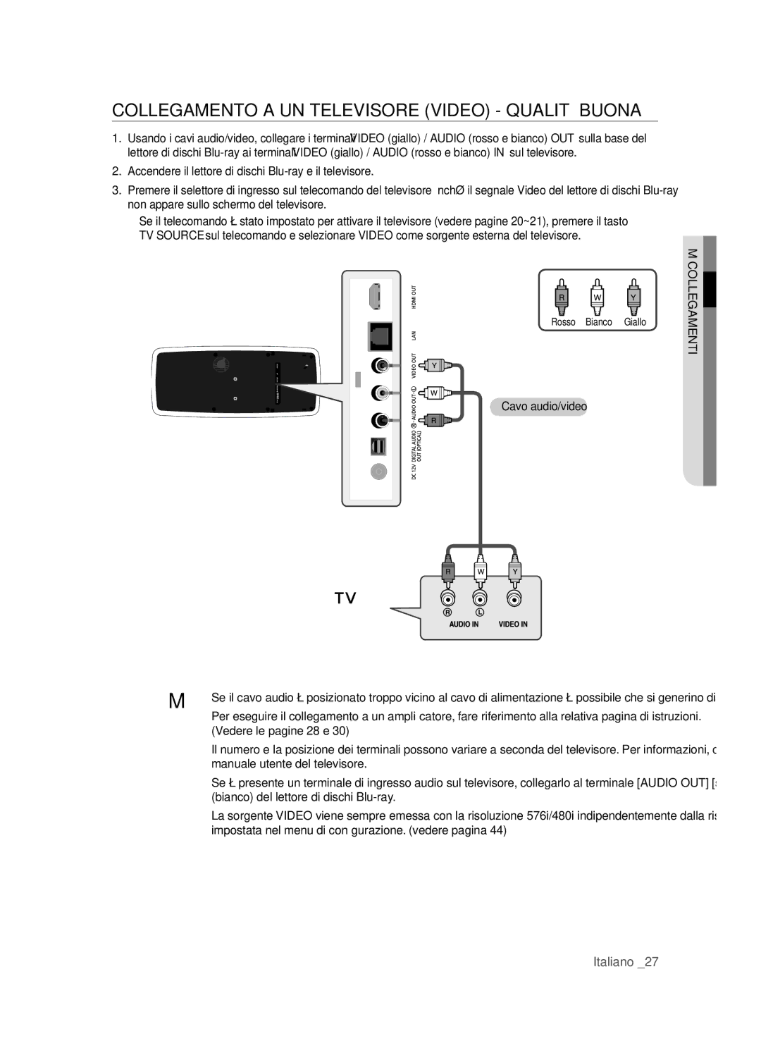 Samsung BD-P4600/XEF manual CollegAmento a un teleVisore ViDeo QuAlitÀ BuonA, Cavo audio/video 