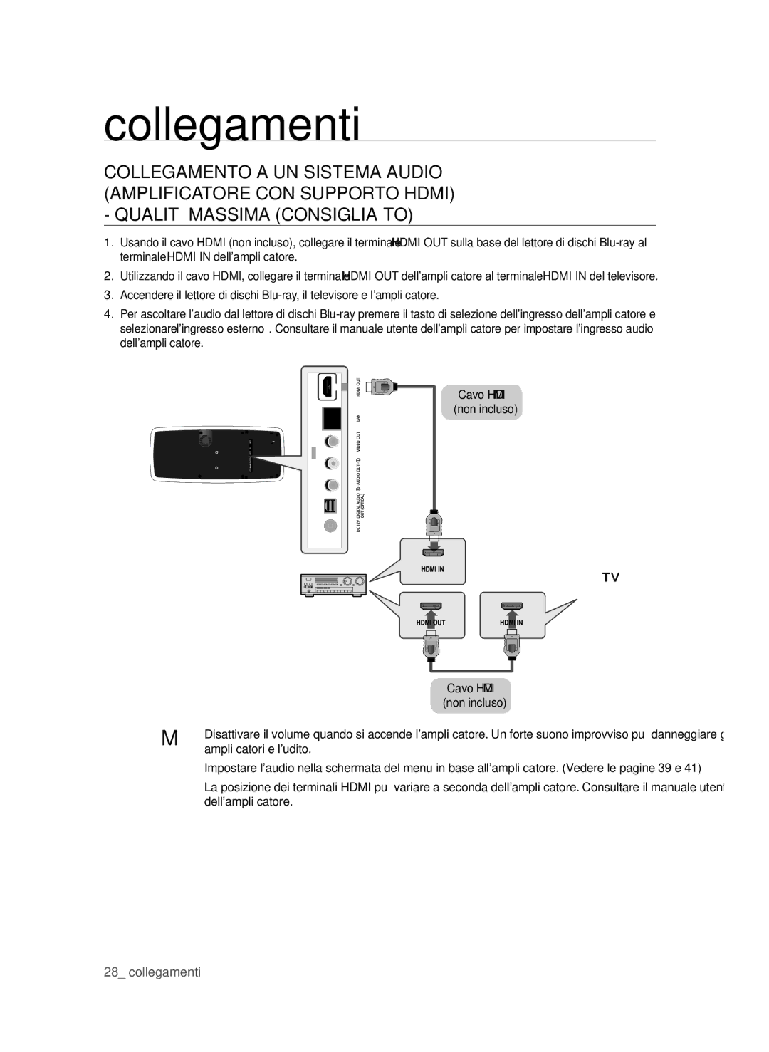 Samsung BD-P4600/XEF manual Cavo Hdmi, Non incluso, Amplificatori e ludito, Dellamplificatore 