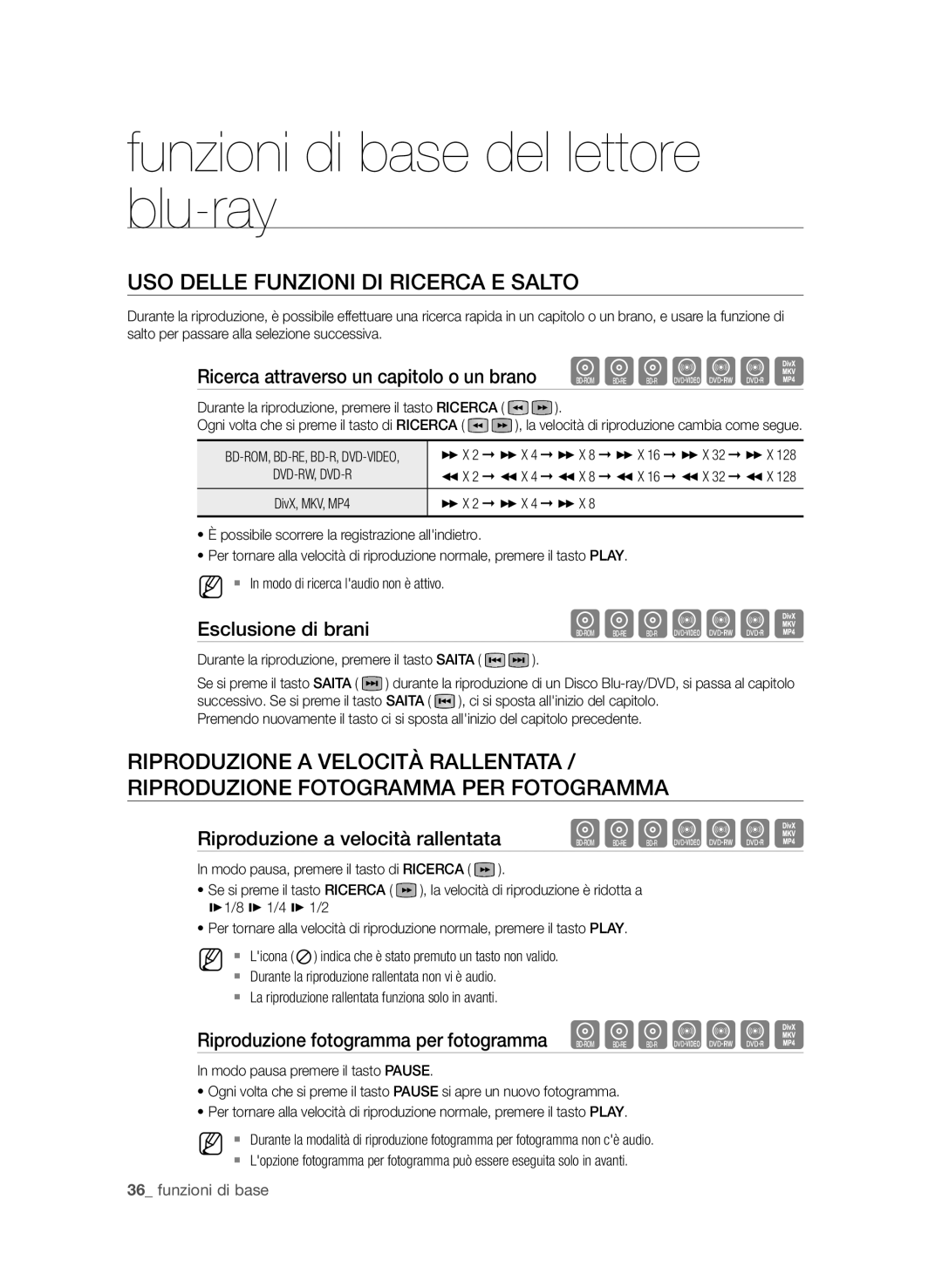 Samsung BD-P4600/XEF manual Uso delle funzioni di ricerca e salto, Ricerca attraverso un capitolo o un brano hgfZCV 