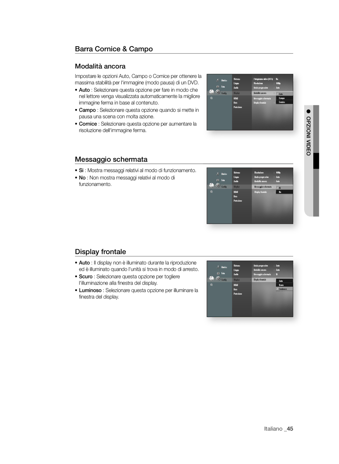 Samsung BD-P4600/XEF manual Barra cornice & campo modalità ancora, Messaggio schermata, Display frontale 
