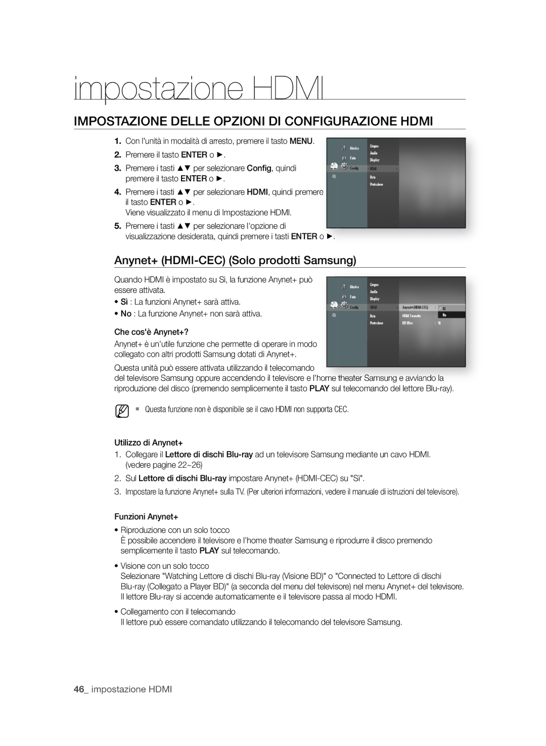 Samsung BD-P4600/XEF manual Impostazione Hdmi, ImPostAzione Delle oPzioni Di configurAzione HDmi 