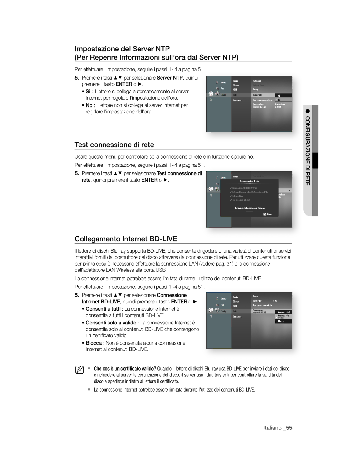 Samsung BD-P4600/XEF Test connessione di rete, Collegamento internet BD-liVe, Internet per regolare limpostazione dellora 